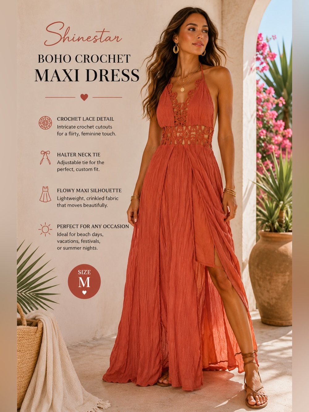 Shinestar Coral Boho Crochet Halter Maxi Dress | Cutout Lace Detail | Size M